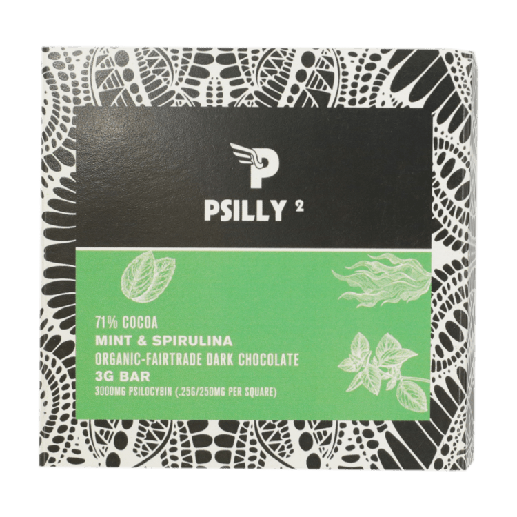 Psilly – Dark Chocolate Bar – Mint & Spirulina | BC Weed Edible Canada Psilly – Dark Chocolate Bar – Mint & Spirulina | BC Weed Edible Canada